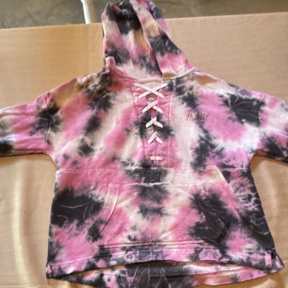 Justice Girls Tie-Dye Pullover Hoodie M Pink Purple Black Logo Glitter Fleece